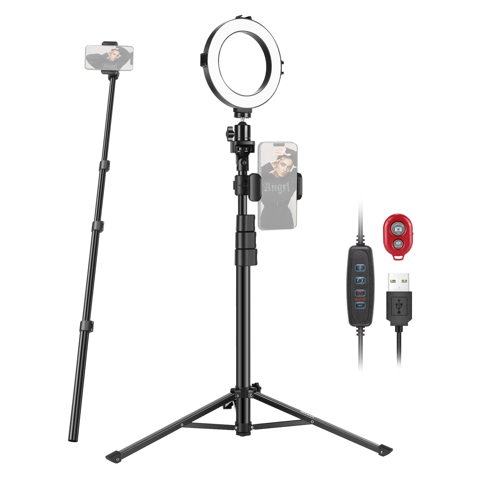 

Neewer 6-inch Selfie Ring Light With Tripod Monopod And Phone Holder, Dimmable USB Ringlight For Makeup/Live/ YouTube , 64 LEDs