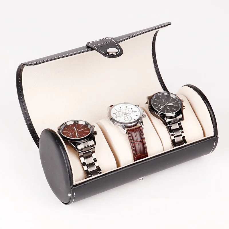 3 Slots Premium Leather Cylinder Watch Storage Display Box  with Latch Watches Jewelry Organizer Box for Women Men Watch Display