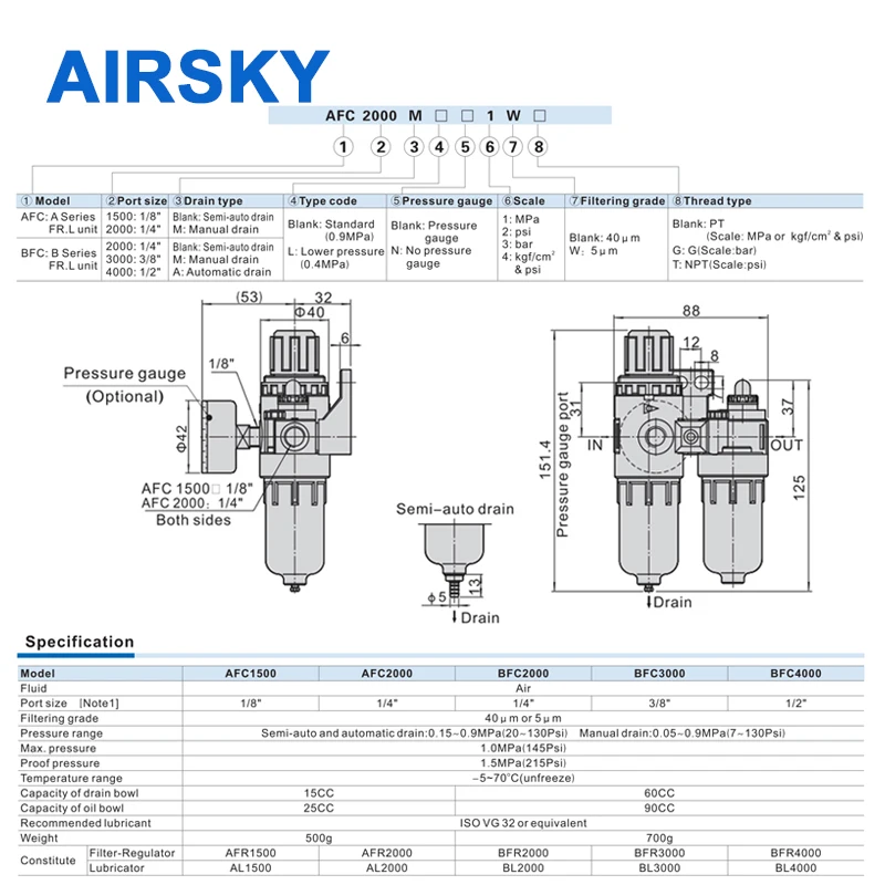AFC2000 G1/4“ Air Pressure Regulator AFR2000 AL2000 Compressor Oil Water Separator Filter Trap Reducing Valve |