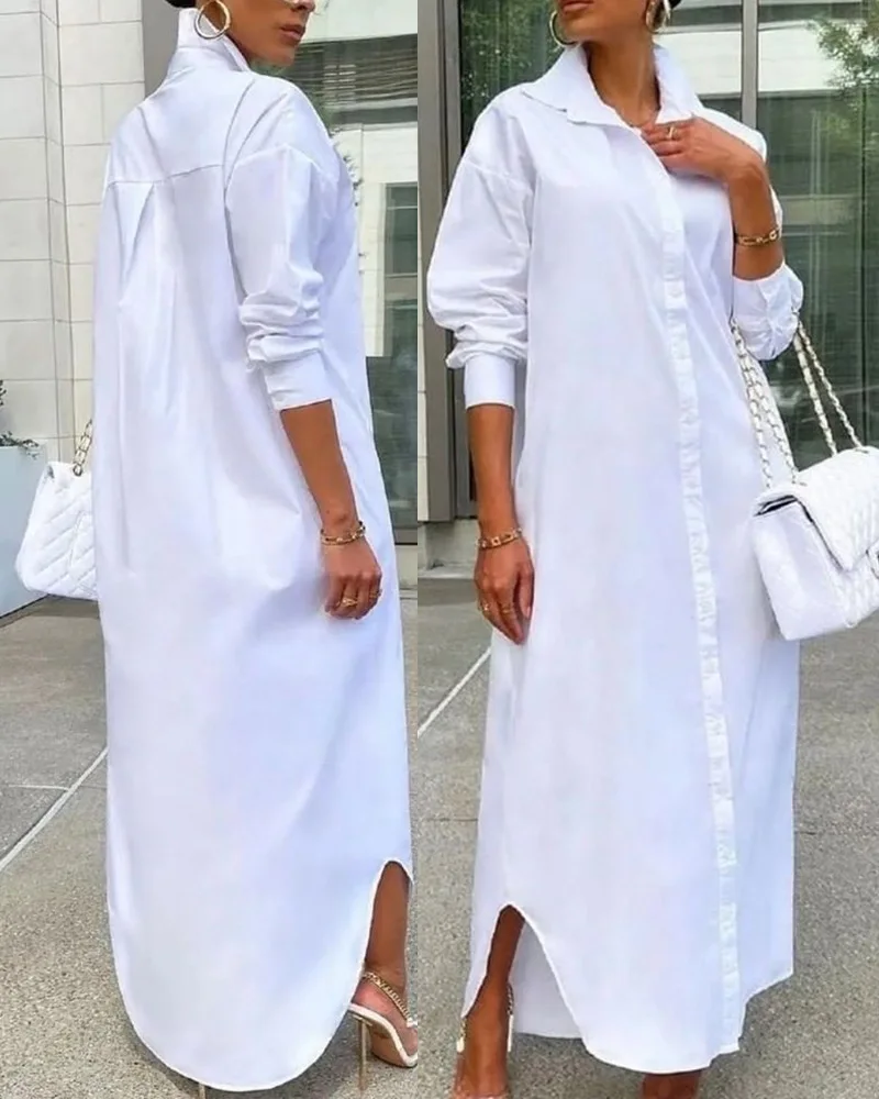 

Summer 2022 Women's White Long Lapel Long Sleeve Measured Split Shirt Dress White Dress Women
