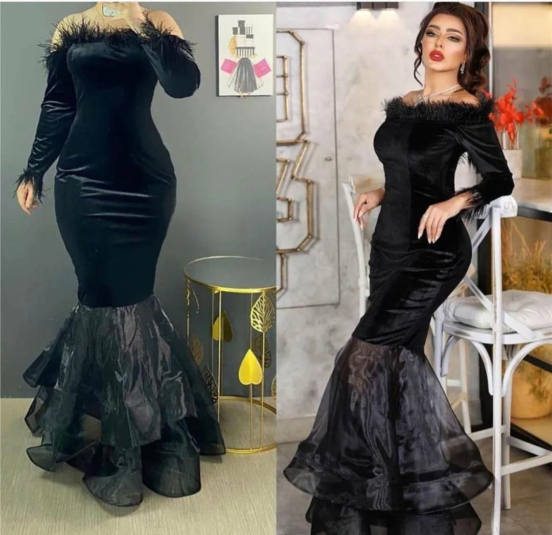 

Elegant Long Boat Neck Muslim Evening DressesWith Feathers Mermaid Velvet Black Zipper Back Robe De Mariée Party Gowns For Women