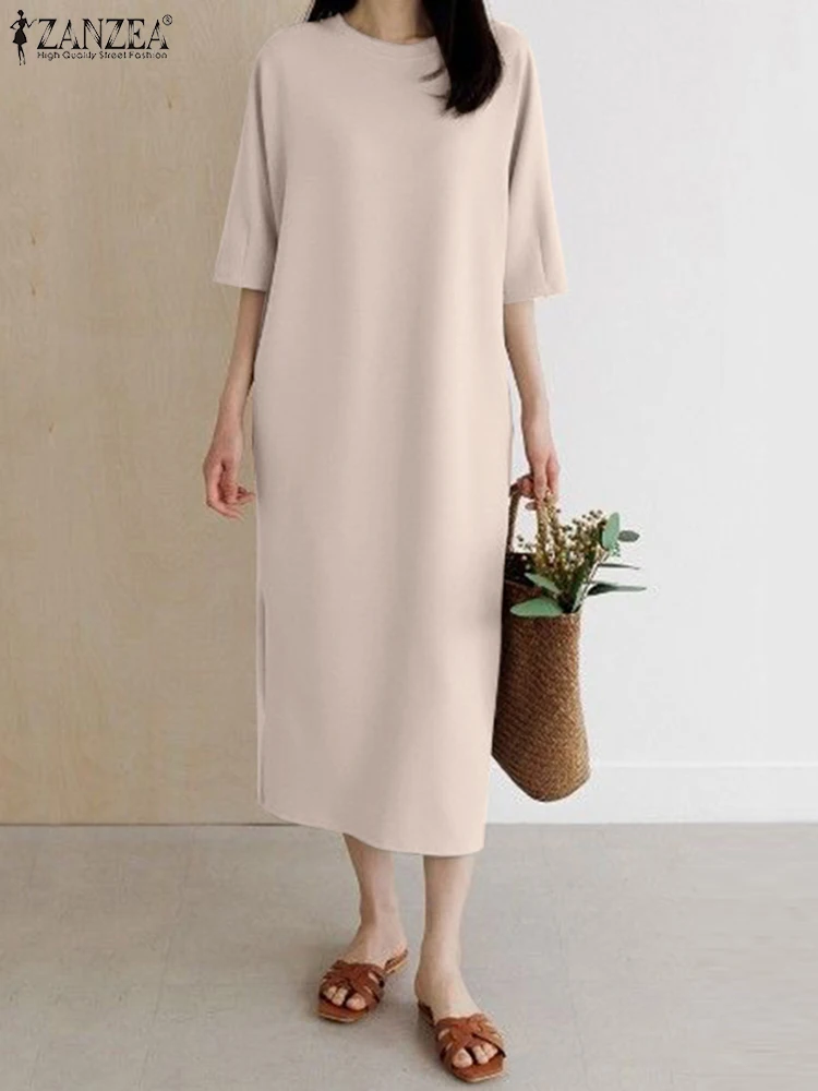 

Летний праздничный сарафан ZANZEA, модная одежда для работы, платье-рубашка, женское однотонное платье с круглым вырезом и рукавом до локтя, повседневное женское платье миди