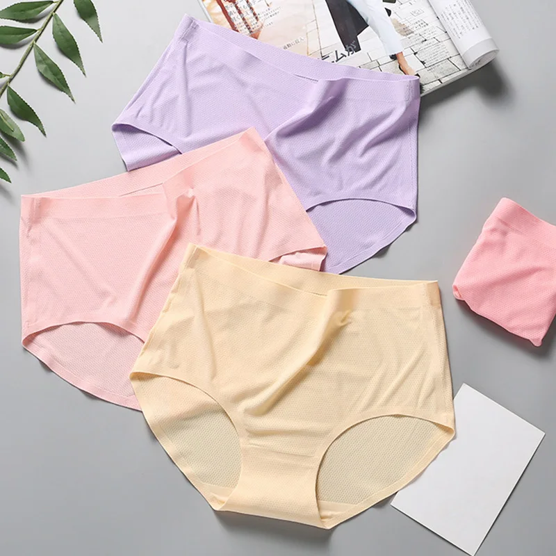 

Ice Silk Underwear For Women Seamless Breathable Mid High Waisted Women's Briefs Solid Color Female Panties Fashion