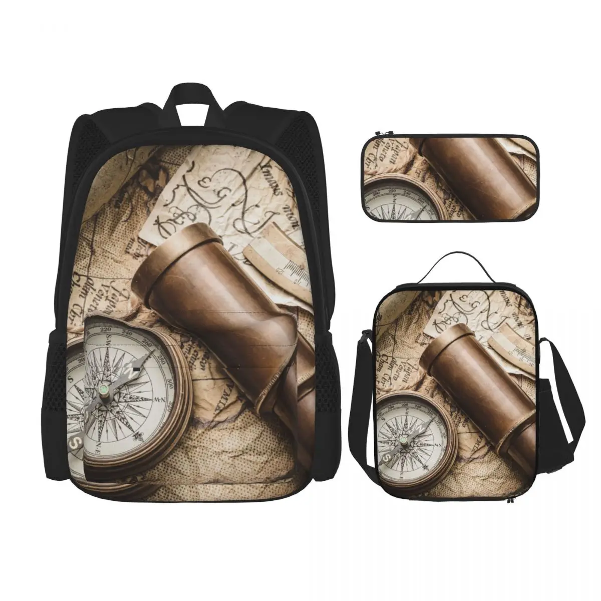 

3 Pcs/Set School Backpack for Girls Children Schoolbags Kids School Pencil Case Lunchbox Vintage Compass Sextant Spyglass