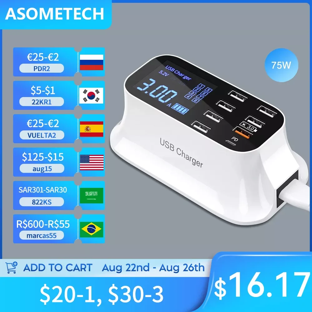 

NEW2023 8-Port LED Display USB Charger Quick Charge PD USBC Charger For iPhone 13 12 Phone Tablet Fast Charger For Xiaomi Huawei