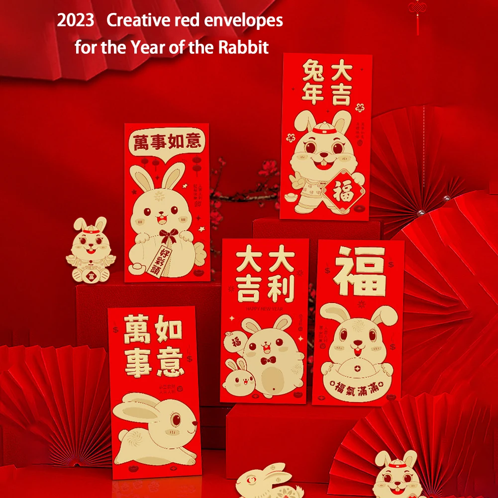 

6pcs 2023 New Year Red Envelope Creative Three-Dimensional Zodiac Letter Pocket Hot Stamping 9cmx16.8cm