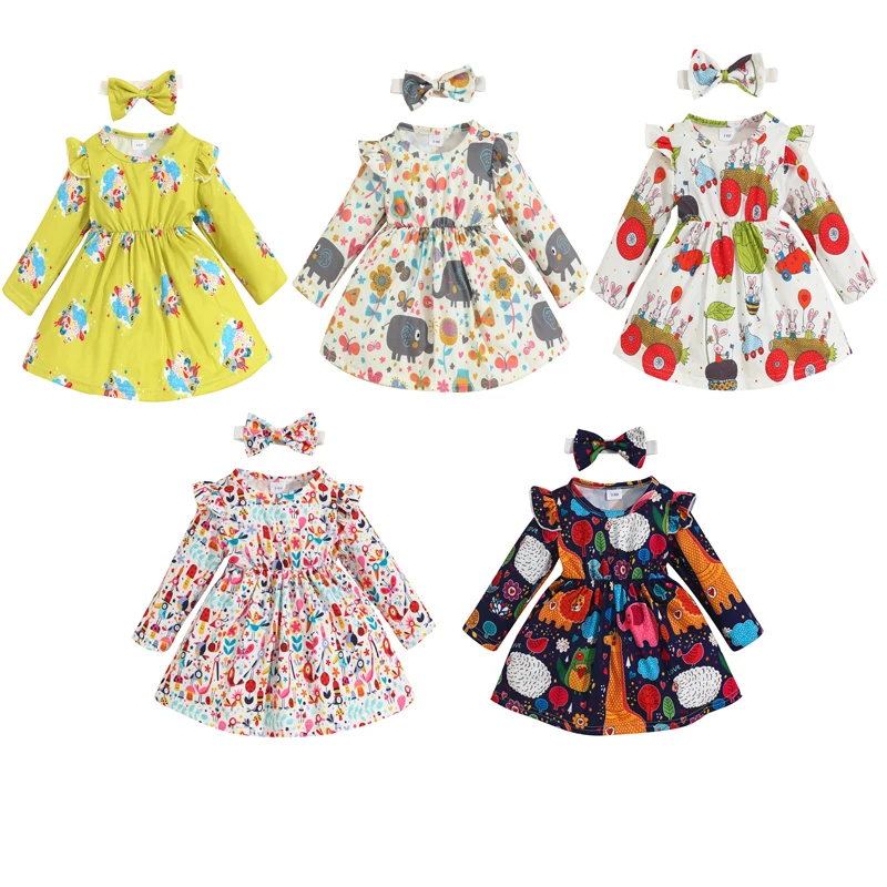 Newborn Baby Girl Clothing Long Sleeve Cartoon Print Kids Birthday Skirt for Girls One-Piece Dress