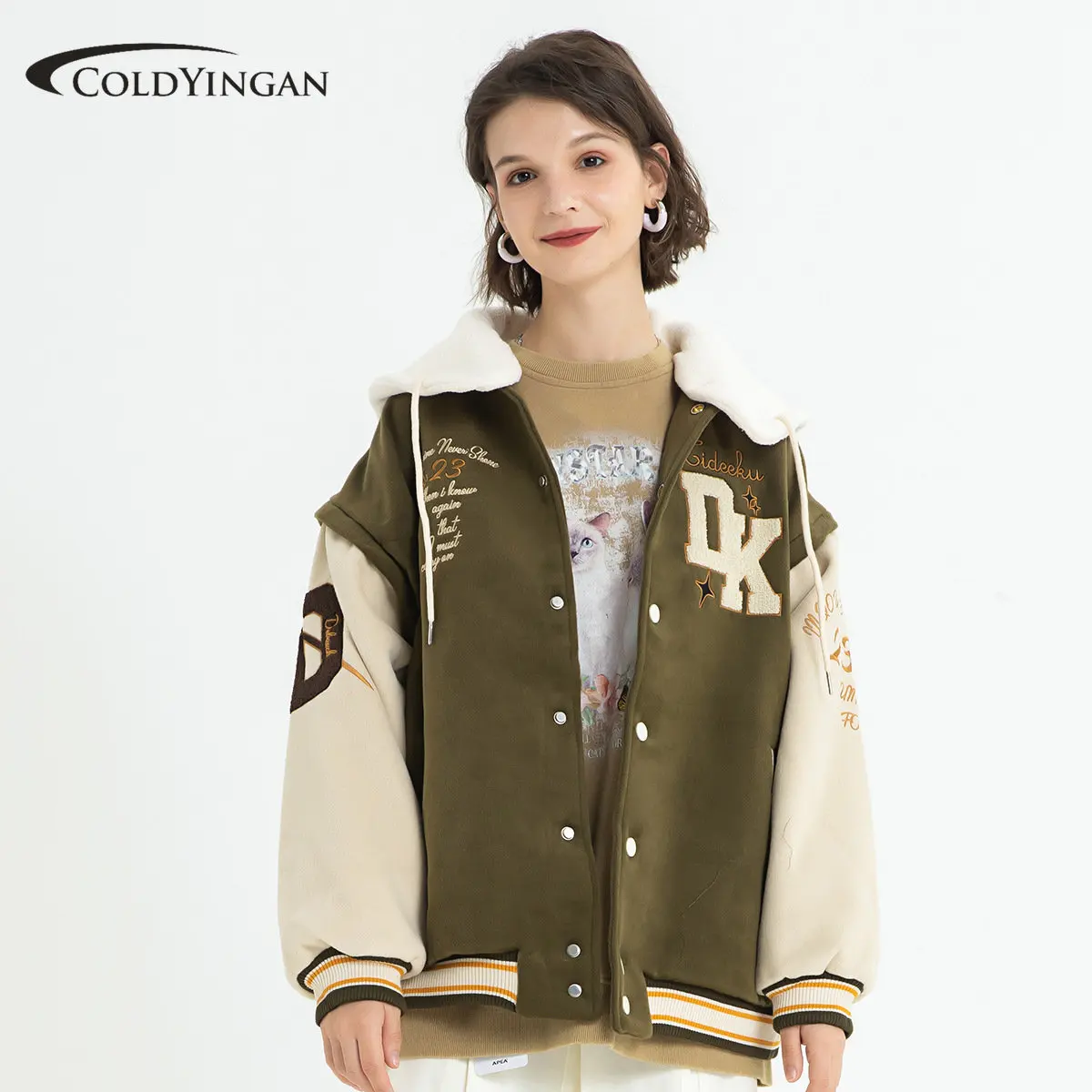 Women's American Retro Letter Embroidery Jackets Coat Baseball Jacket Winter Hooded Hip Hop Loose All-match Fashion Top Clothes