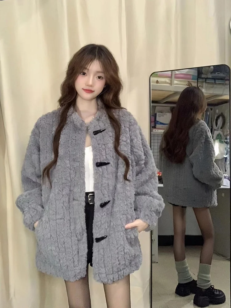 Маленькая серая верхняя одежда из овечьей шерсти American-Sle женский свободный