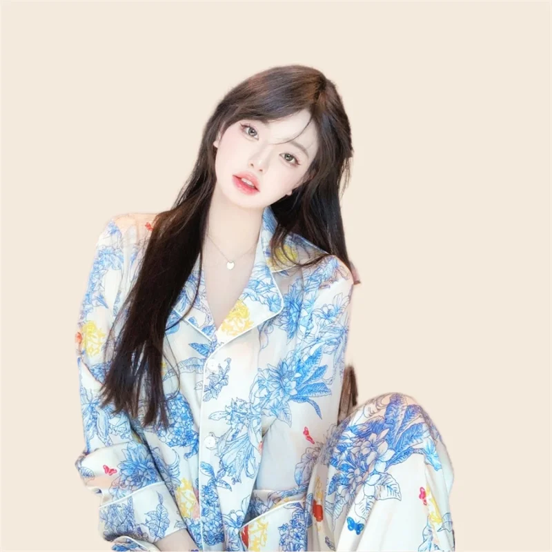 Summer Pajama Sets Pajama Pants Sexy Flower Nighty Clothes T-Shirt Long Pants 2Piece/Set Homewear Cozy Big Size Luxury Designer