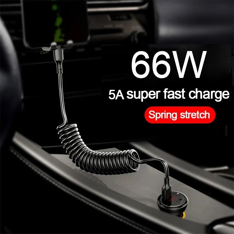 

6A 66W USB Spring Telescopic Cable Mirco Type C Fast Charging Cord for Xiaomi 12 POCO M5 Huawei Samsung S22 Car Phone Data Cable