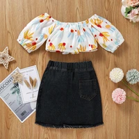 kids suit summer flower print boat neck short sleeve tops solid color dinim skirt girls clothes set
