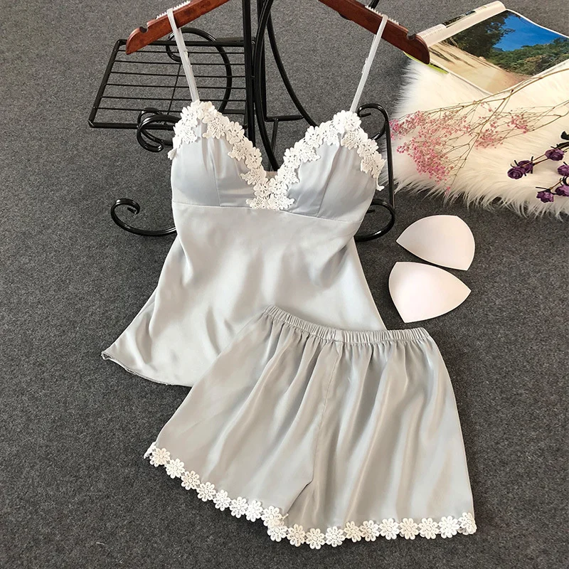 Women's Sleepwear 2 Pcs Sets Tops+Shorts Sexy White Lace Satin Sleeveless V-neck Tight Trendy Pyjama Sets