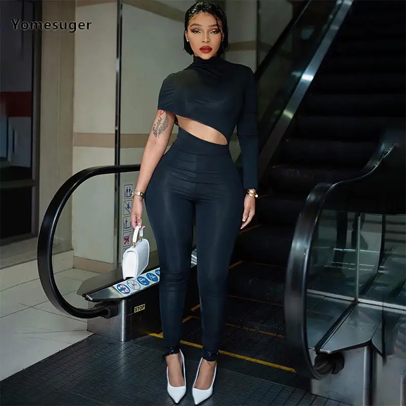 

Yomesuger Sexy Chic One Long Sleeve O-Neck Cut Out Skinny Shaping Irregular Jumpsuit Women 2023 Fashion Street One Piece Rompers