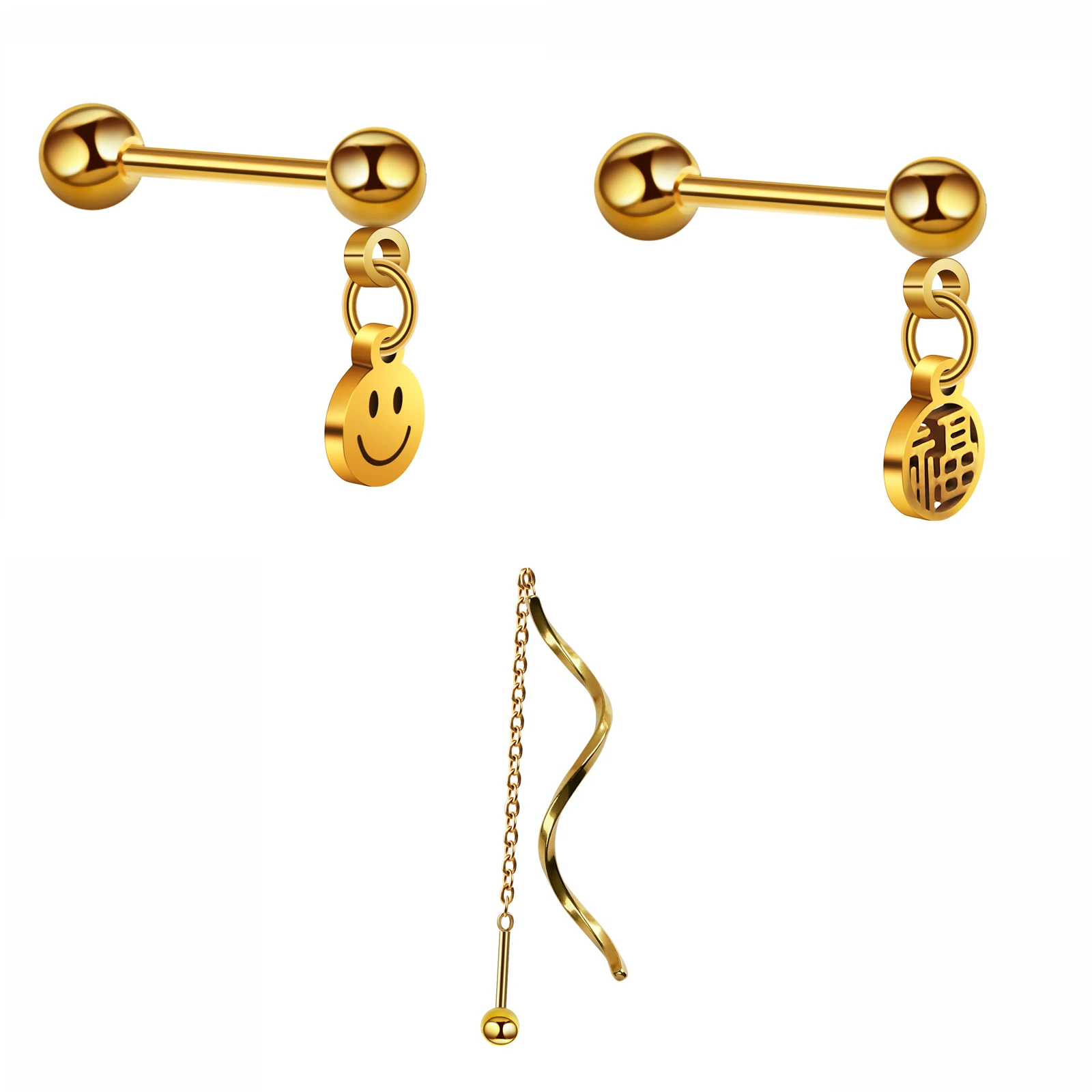 

2pcs Gold Stainless Steel Drop Earrings Smiley Face Dangling Dangle Earrings Women Fashion Ear Piercing Jewelry