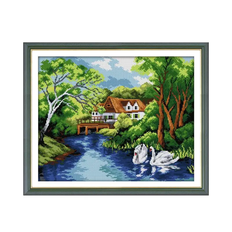 

Swan House Scenery Cross Stitch Kits Patterns 11CT 14CT Printing Counted Fabric DIY Threads Embroidery Needlework Home Deco