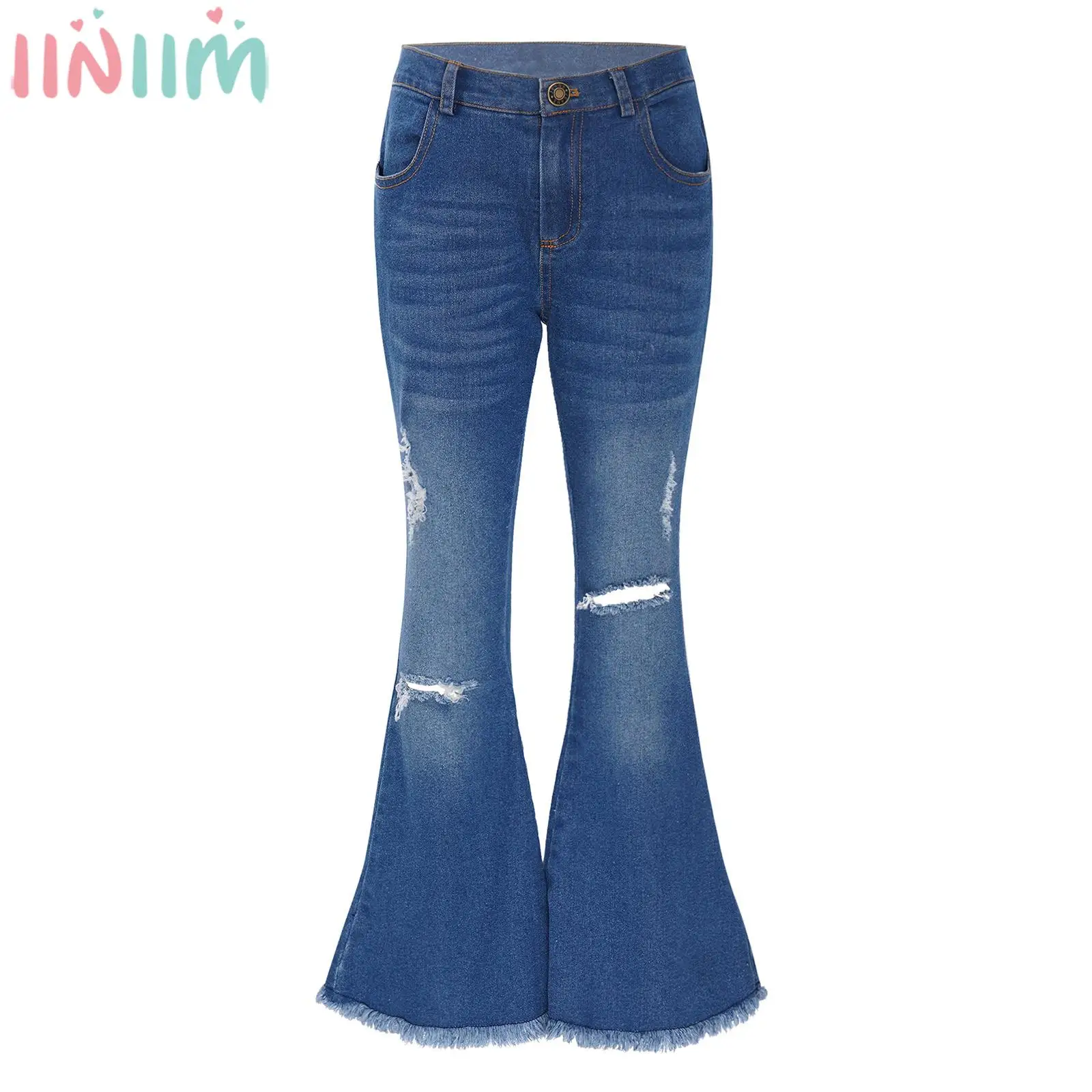 

Teens Girls Fashion Korean Style Flared Jeans Casual Loose Denim Bell-bottom Pants Elastic Ripped Trousers Loungewear Streetwear