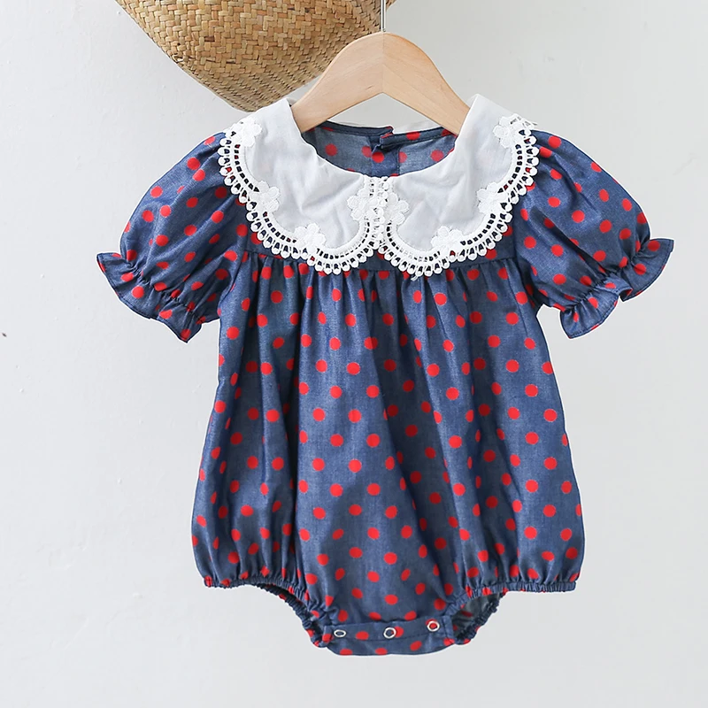 

Infant Baby Girls Jumpsuit Short Sleeve Cotton Dot Printing Lace Stitching Toddler Baby Girl Romper Summer Baby Girl Clothing