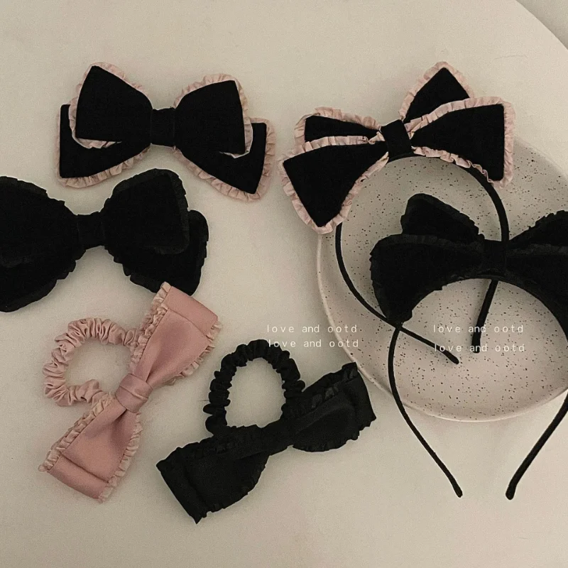 

Повязка на голову женская, черная, розовая, с бантом