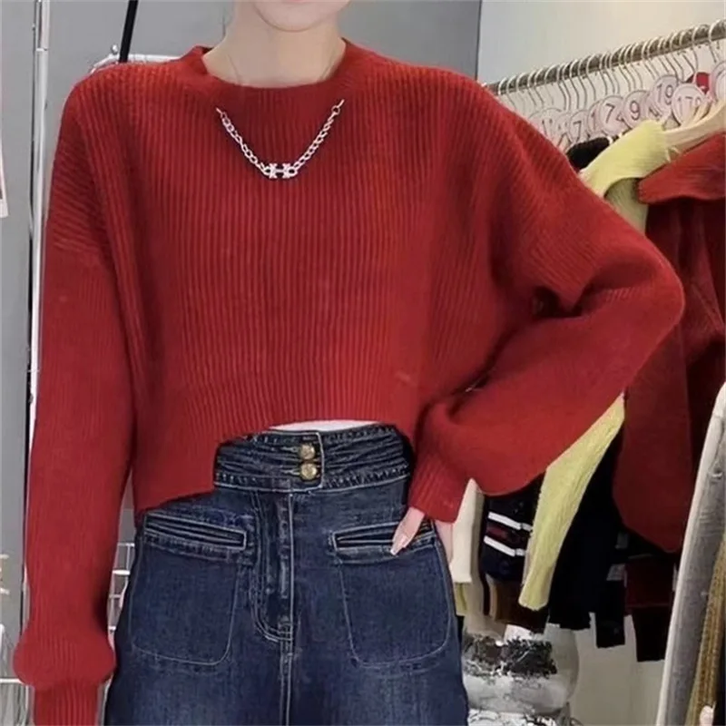 

Женский трикотажный свитер с длинными рукавами, необычный пуловер с цепочкой, приталенный дизайн, свитер на осень