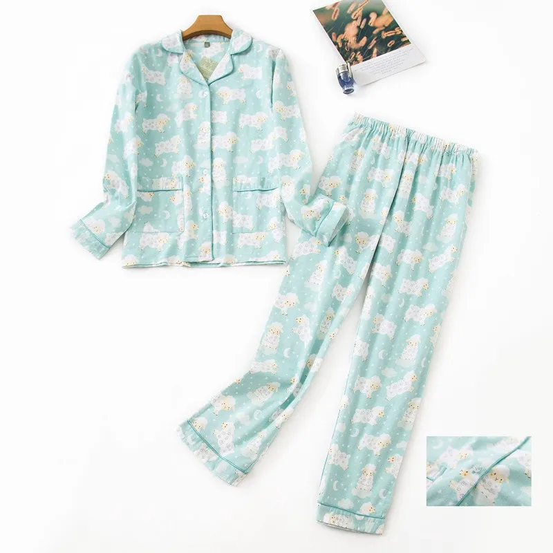 100% Cotton Pajamas Set Women Sweet Homewear Plaid Print Full-Sleeve Autumn Comfortable Pyjamas Clothes Big Size