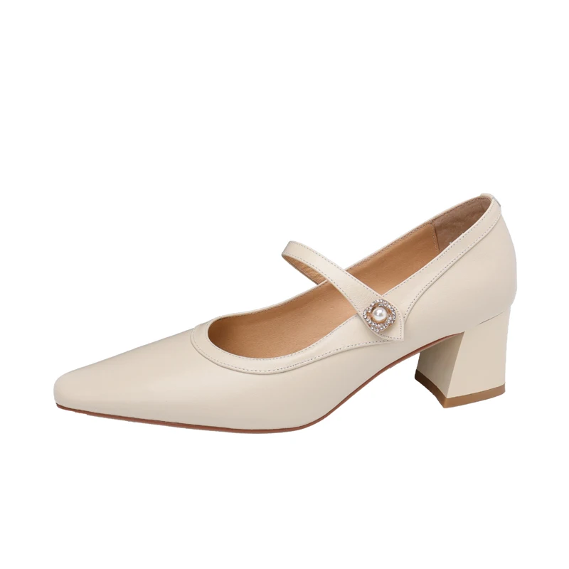 

NewCurve Mary Jane Shoes Women Genuine Leather Solid Colors Wild T-Shoes Buckle with Square Toe Mid Heel Shoes For Women