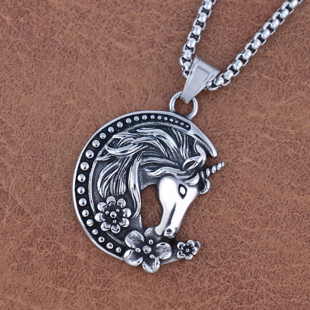Ожерелье с подвеской в виде единорога и луны из нержавеющей стали 316L для женщин -