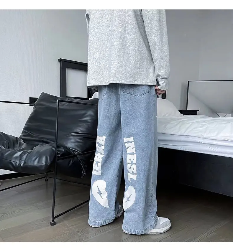 Fashion Jeans Men's Light Blue Love Print Design Sense American Hip-hop Trousers Loose Straight Leg High Street Men's Streetwear