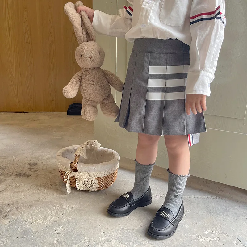 

2022 Autumn New Children Girl Pure Color Pleated Skirt Baby Striped All-match Soft Skirt Kid Cotton Fashion Skirt Infant Clothes