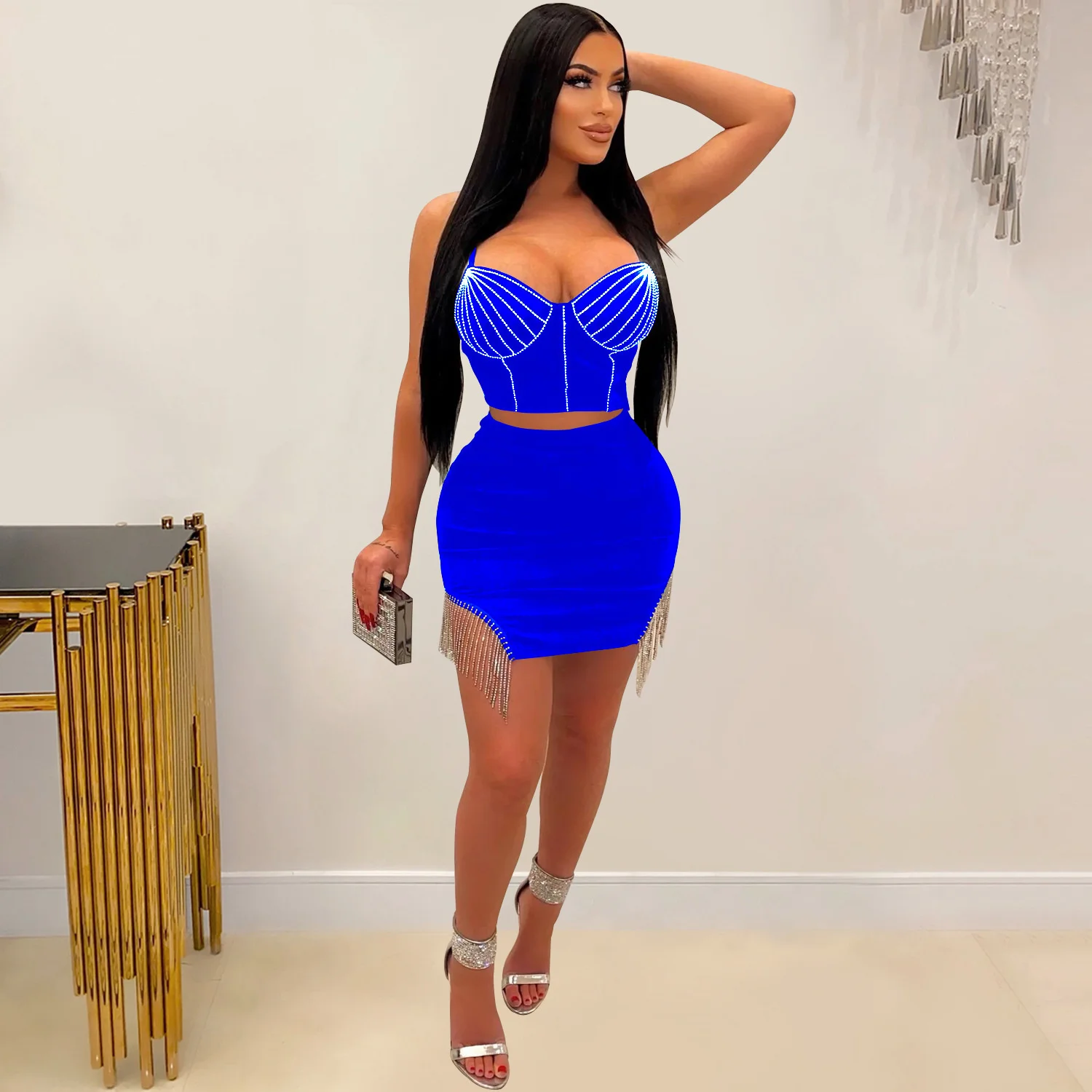 

Zoctuo Tassel Rhinestone Slim Elegant Two Piece Skirts Sets Women's Sling Tops Lady Night Bodycon 2 Pcs Set Outfits Clothes