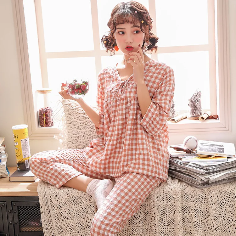 Spring and Autumn New Women's Pajamas Plaid V-neck Casual Simple Homewear Pijamas Women Pajamas for Women Sleep Tops Sleepwear