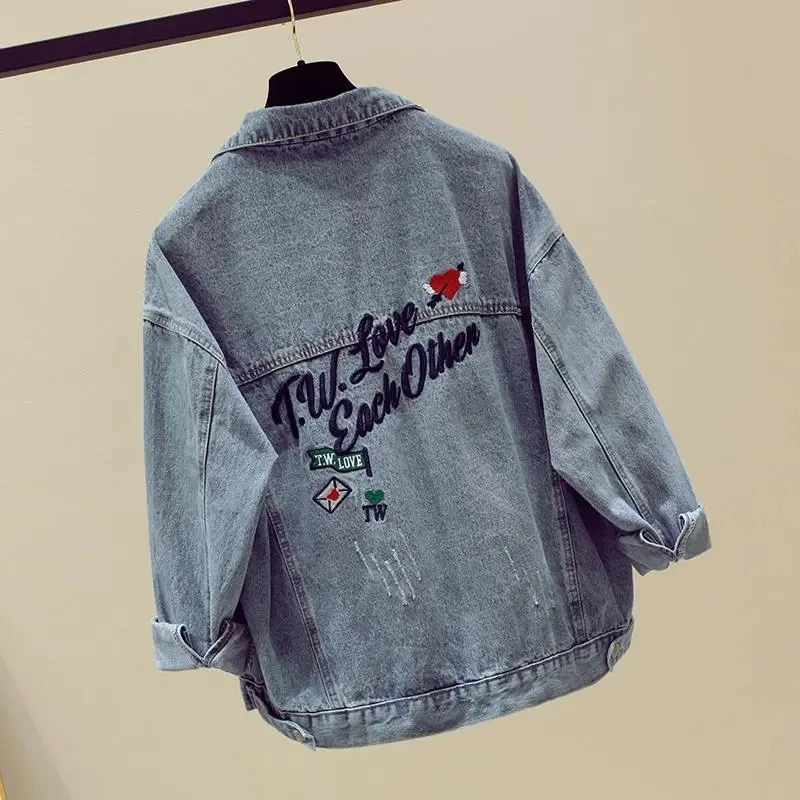 

Denim Jacket Women's 2023 Spring New Loose Embroidered Lapel Long-Sleeved Short Style Fashion All-Match Jackets Top Female