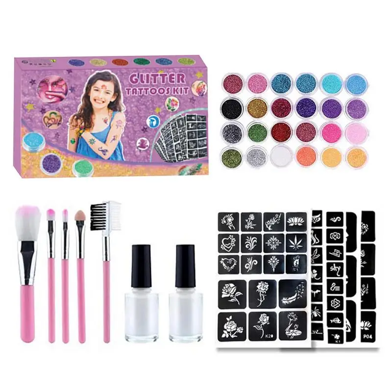 

Glitter Tattoo Kit With Stencil Glue Brush Makeup Body Glitter Body Art For Kids Adults Body Painting Glitter Powder 30 Colors