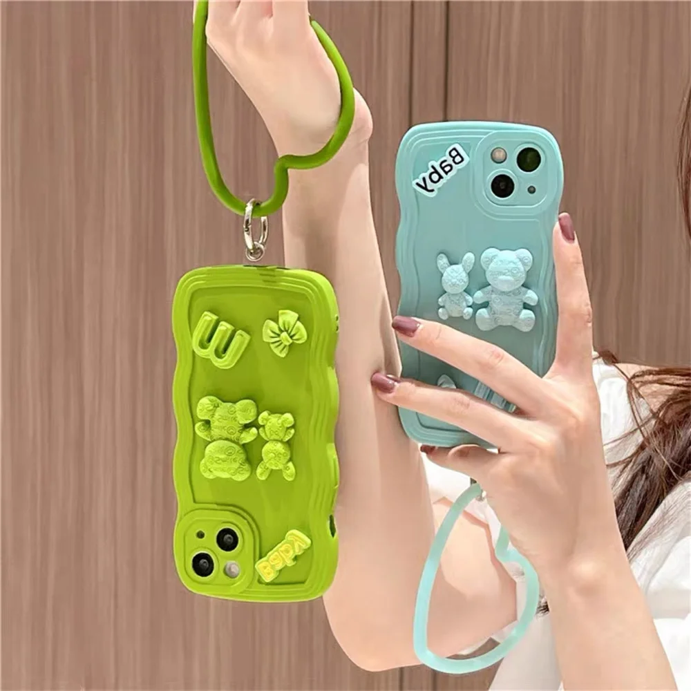 

Stereo doll cartoon bear case for iPhone 14 promax Apple 1312 Wave Mustard Green Protective Case