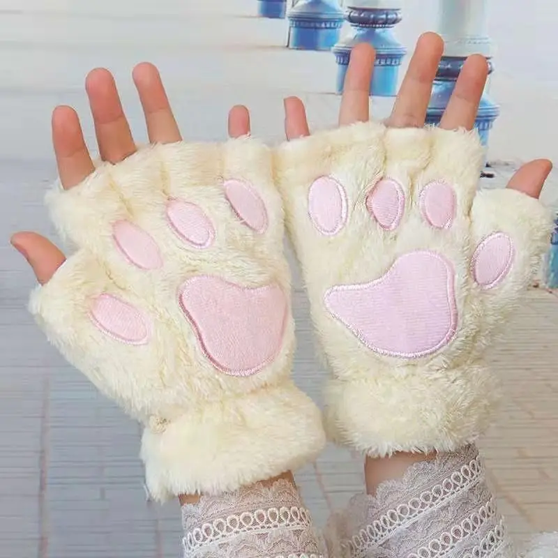 

Women Cute Cat Paw Plush Mittens Gloves Warm Soft Plush Short Fingerless Fluffy Bear Cat Gloves Costume Half Finger Party Gift