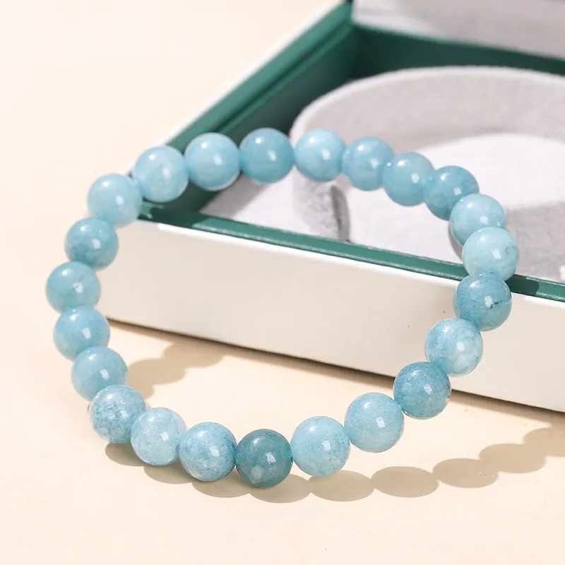 JD Natural Stone Aquamarine Blue Chalcedony Bead Bracelets Women Charm Reiki Healing Round Stone Strand Bangles Friend Gift images - 6