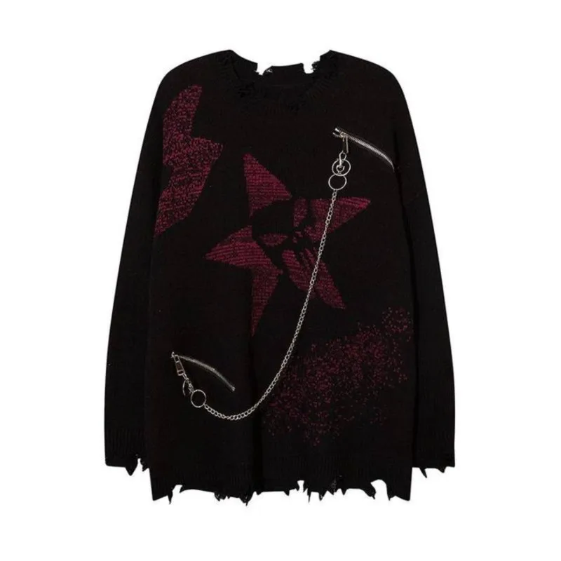 

Y2K European and American sweaters lazy wind high street lovers loose dark men's and women's tide brand broken-hole sweaters