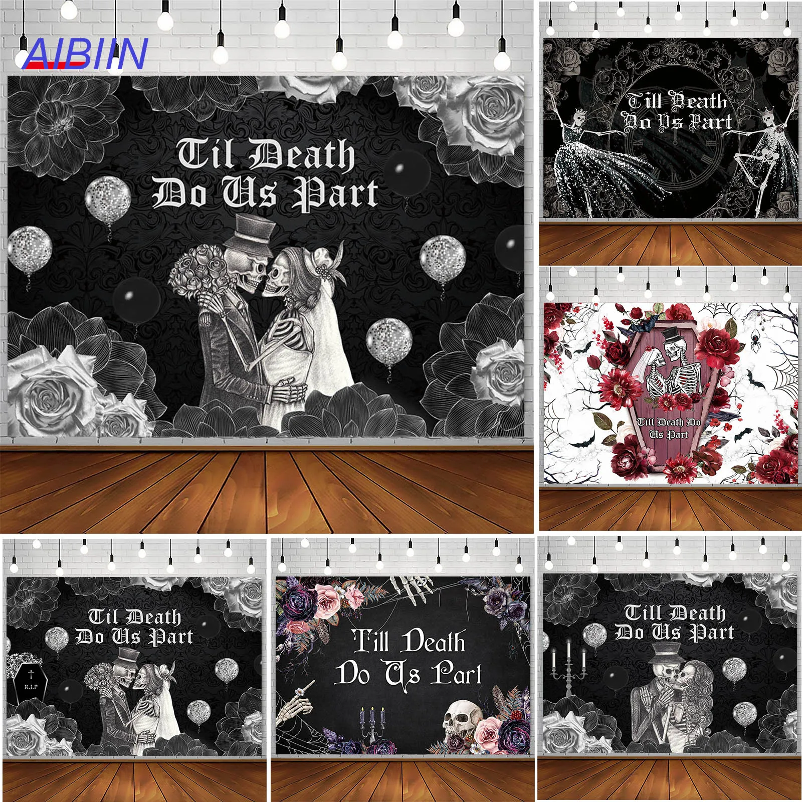 Фото AIBIIN Do Death Do Us Фотофон для Хэллоуина свадьбы девичника фотография со скелетом и цветами №1