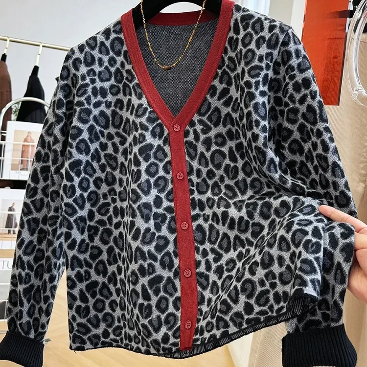Высококачественный винтажный леопардовый свитер без шнуровки женский вязаный