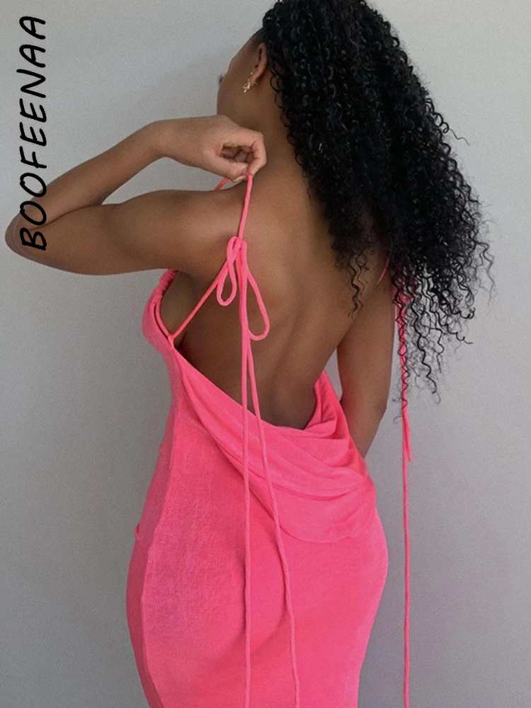 

BOOFEENAA Lace Up Open Back Halter Long Maxi Dresses Elegant Sexy Party Night Club Outfit Summer Dress Women 2022 C70-BI25