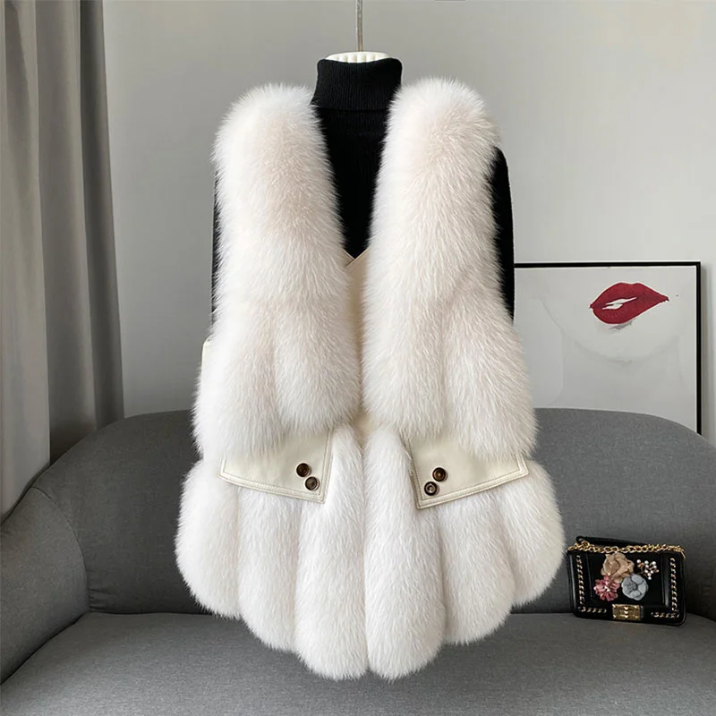 

2022 New Women's Fur Vest 100% High Quality Fox Fur Sheepskin Stitched Short Coat V-Neck Slim Fit Warm Outdoor Casual Vestcoat