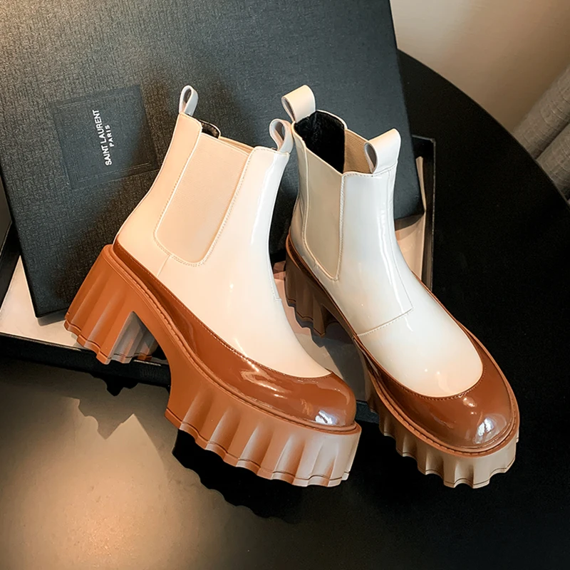 

YPP 2023 Thick High 7cm Heels Dress Platform Shoes Winter Women Boots New Arrive Genuine Leather Chelsea Ankle Boots