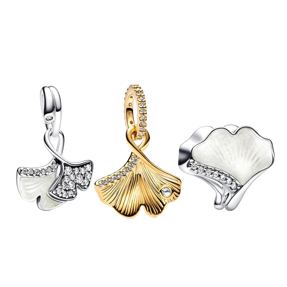 

925 Sterling Silver Double Gingko Leaves Sparkling Charm Pendants fit Pandora Original Bracelet Necklace DIY for Women Gifts