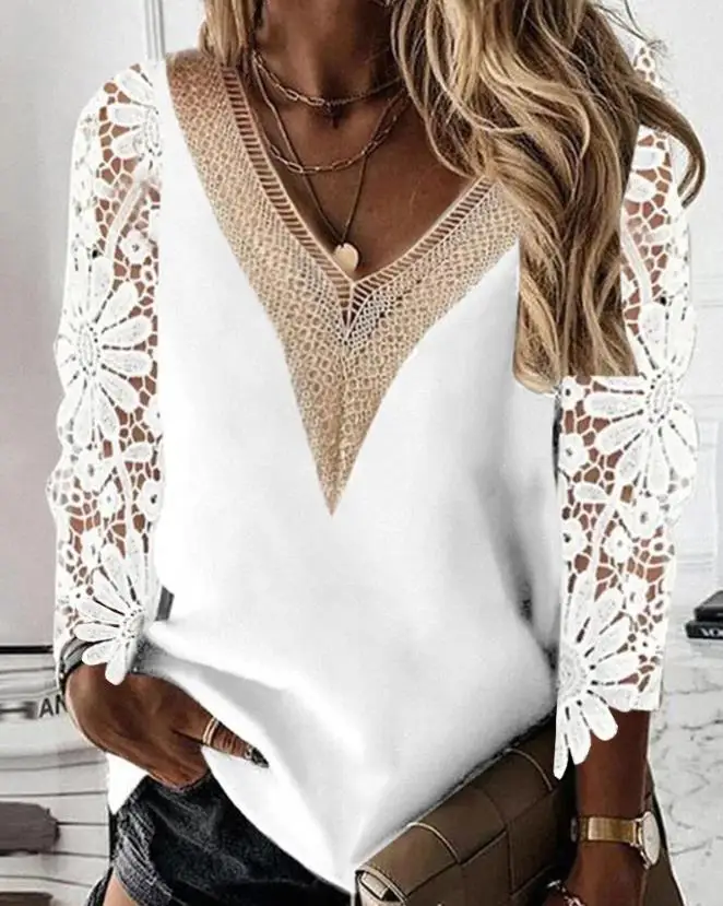 

Spring/summer 2023 New Women's Casual Solid Crochet Lace Patch V-Neck Top