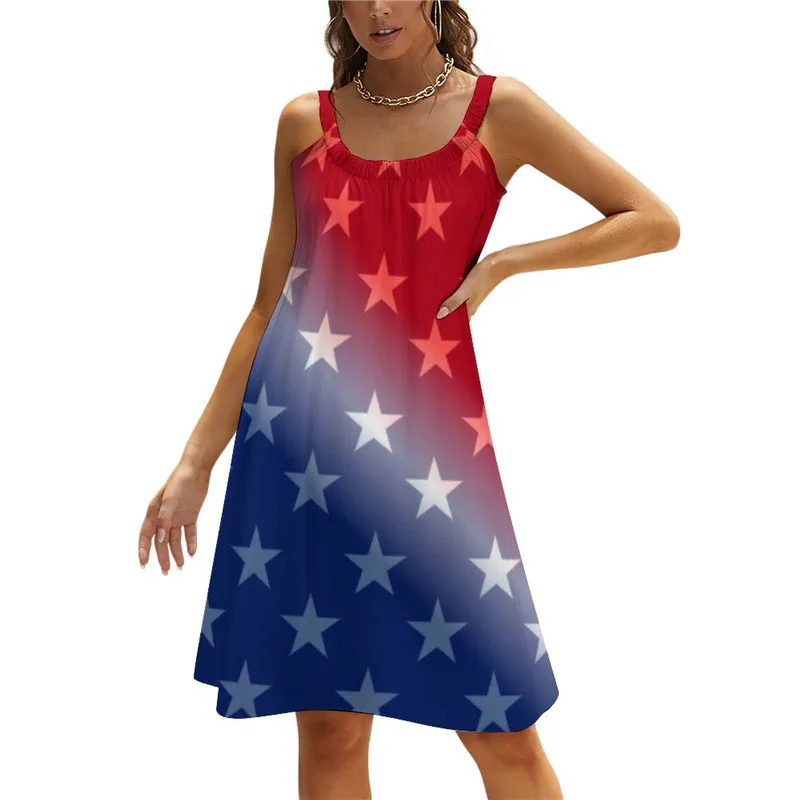 

Star Print Dress Patriotic Red White Blue Stars Sleeveless Elegant Dresses Women O Neck Streetwear Sundress Summer Print Vestido
