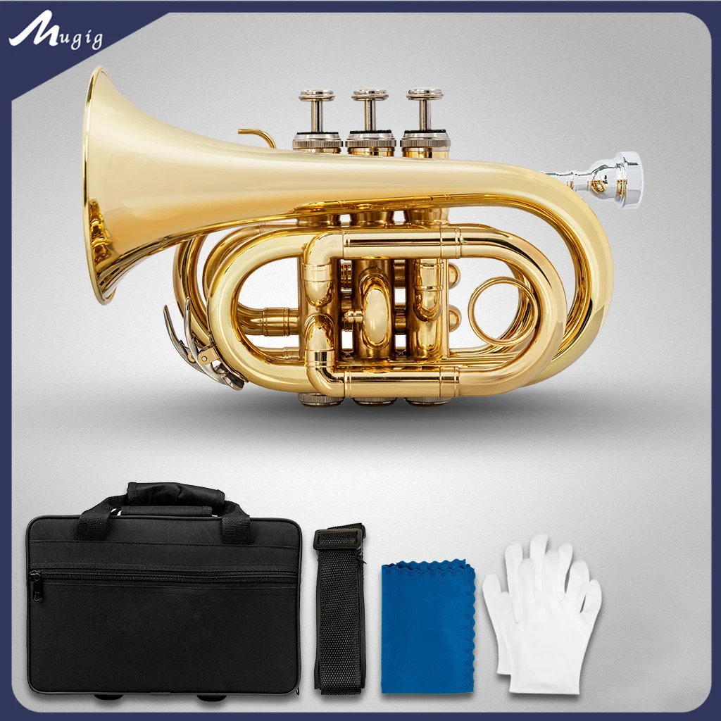 Mugig Mini Pocket Trumpet Bb Flat Brass Wind Instrument Bb Flat Brass Wind Mouthpiece Pair Gloves Cleaning Cloth Carrying Case