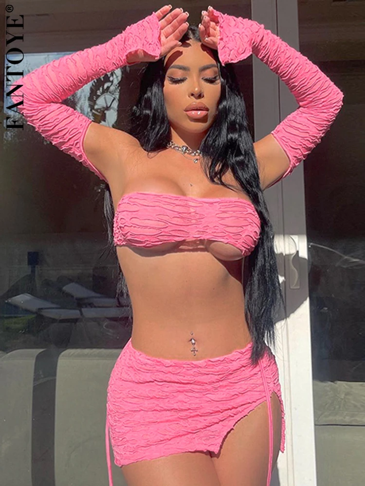 

Женский облегающий костюм Fantoye, черный топ с вырезом лодочкой и завязками, облегающий прозрачный комплект с юбкой с рюшами, сексуальный тонк...