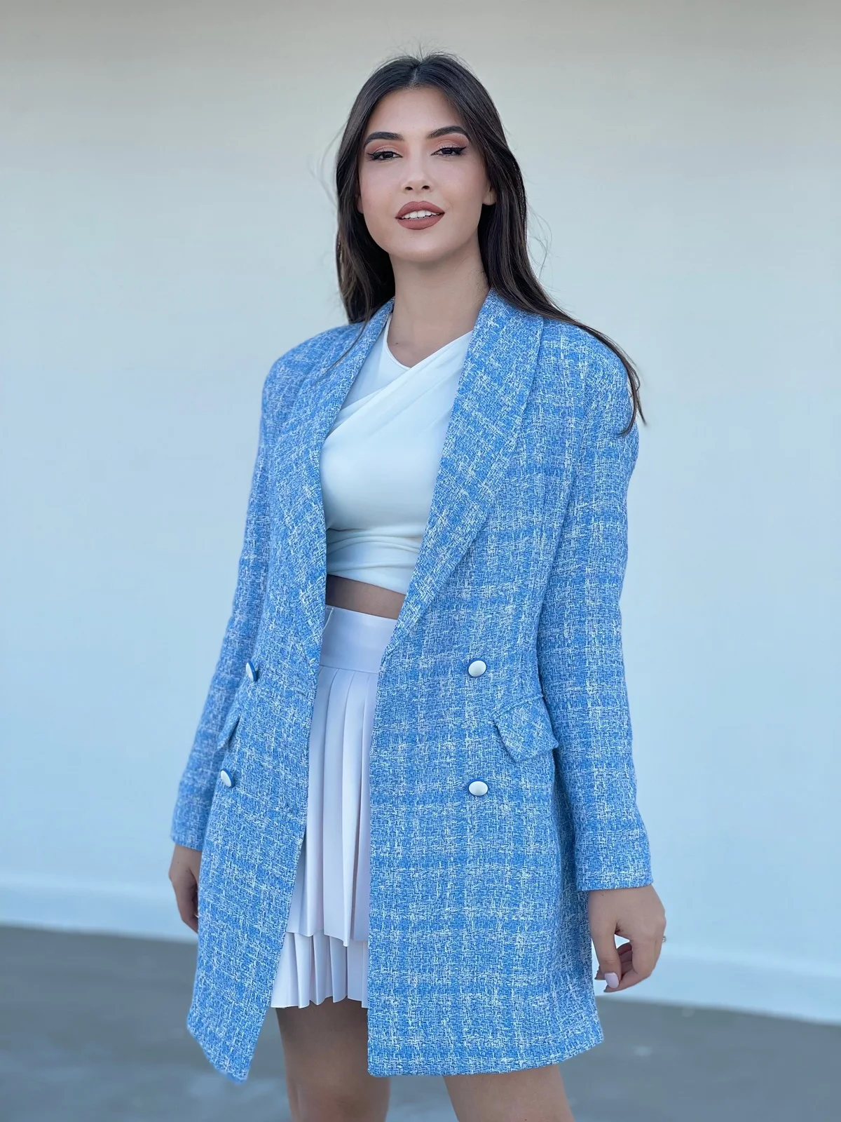 

Blue White Mealy Long Blazer Jacket