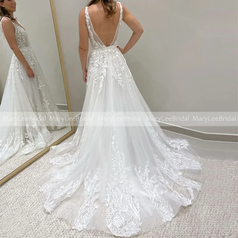 

Женское свадебное платье с цветочной аппликацией, элегантное фатиновое платье невесты цвета слоновой кости с глубоким V-образным вырезом и ...