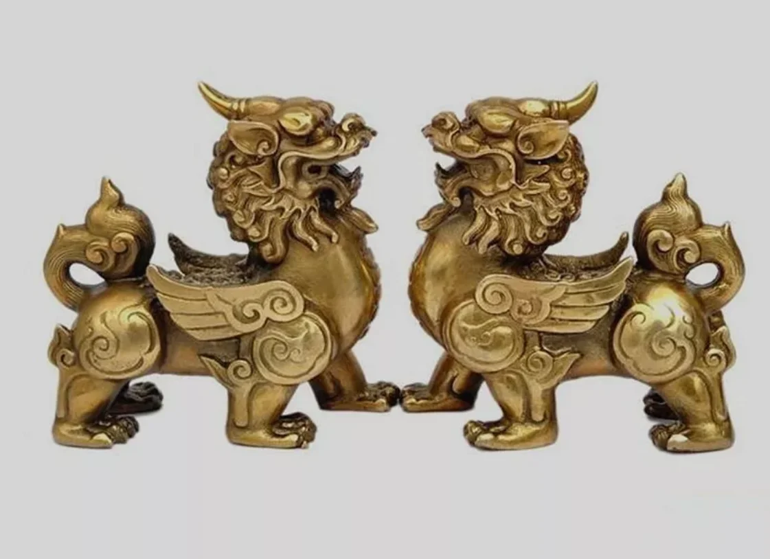 14 см старая бронзовая латунь фэншуй резная пара статуй Kylin unicorn pi xiu